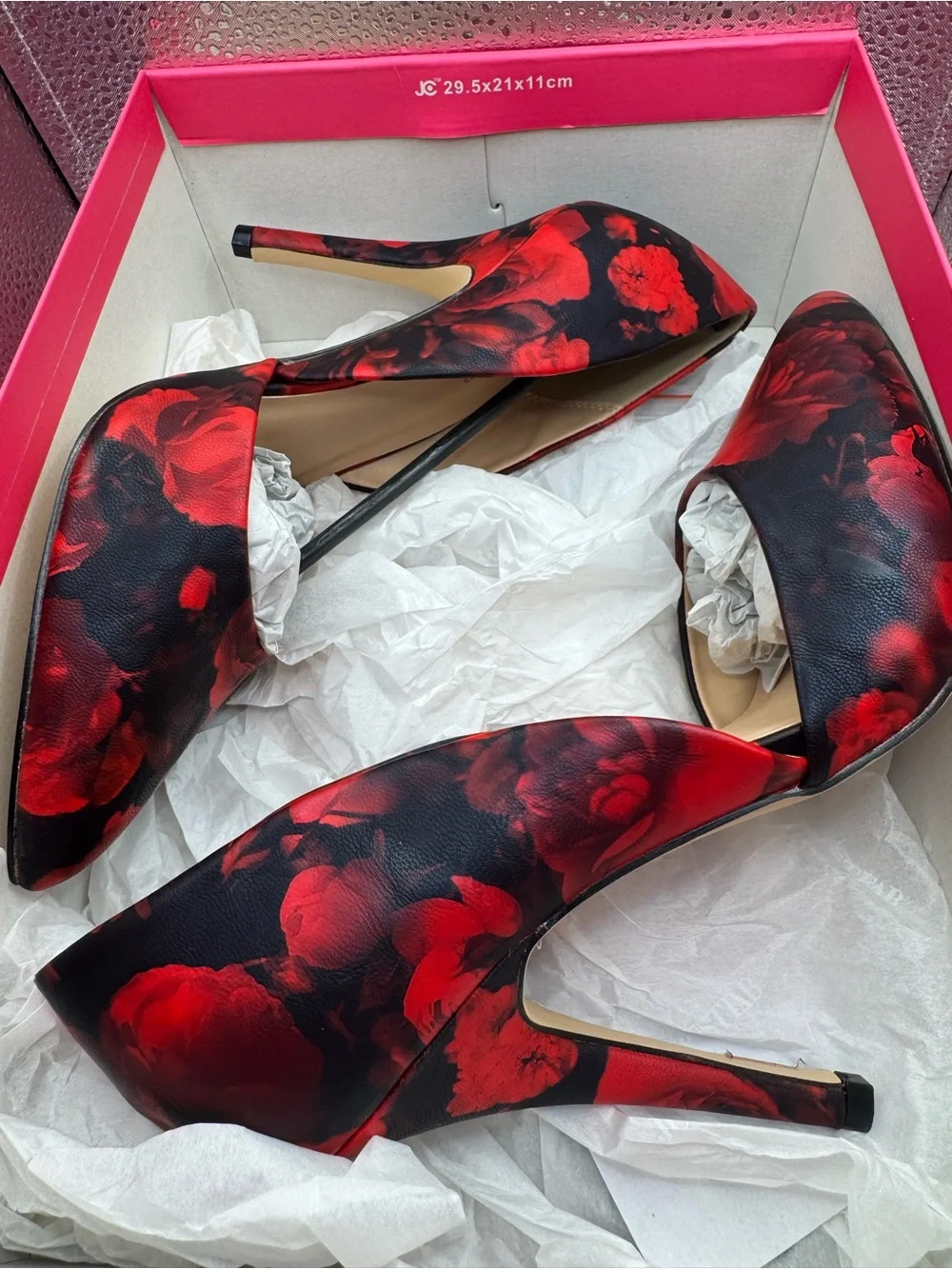 JustFab Black and Red Floral Pointed-Toe D'Orsay Pumps
